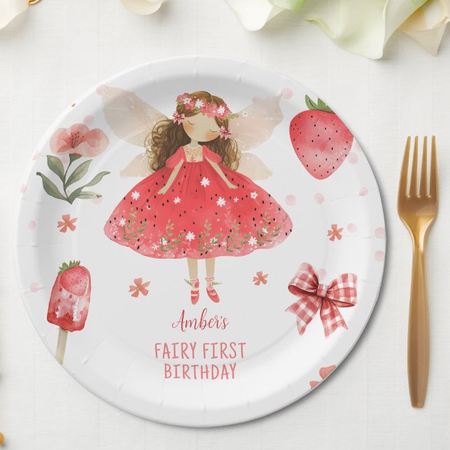 Assiettes En Carton Fée Première fraise Fée Fée Anniversaire (Créateur téléchargé)