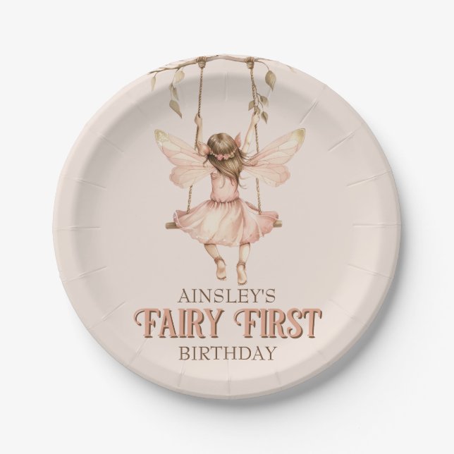 Assiettes En Carton Fée rose pâle personnalisée Premier 1er anniversai (Devant)