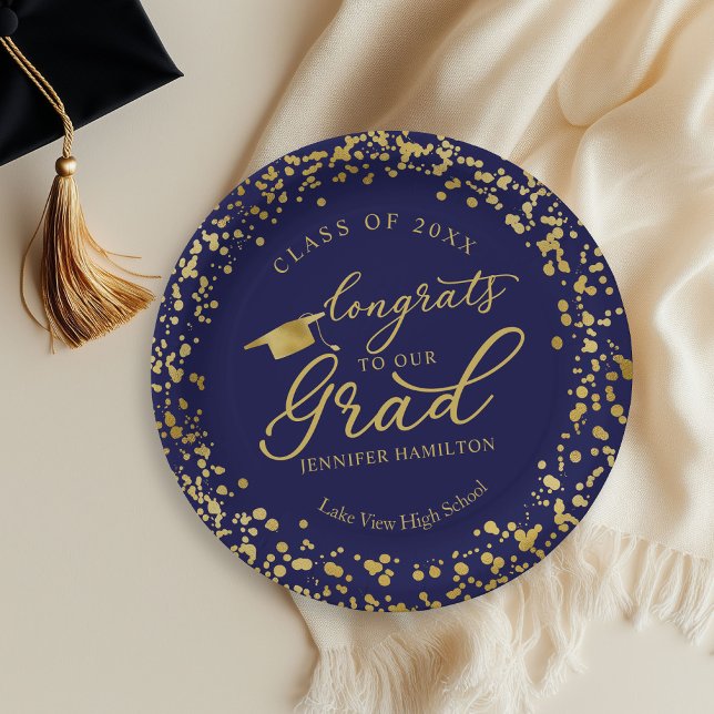Assiettes En Carton Félicitations À Notre Grad Gold Blue Graduation (Créateur téléchargé)