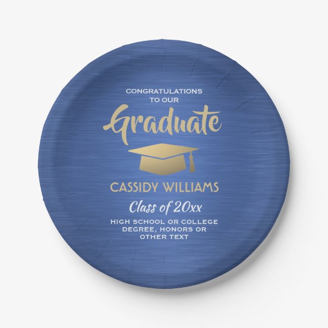 Assiettes En Carton Félicitations Blue Gold White Script Graduation (Devant)