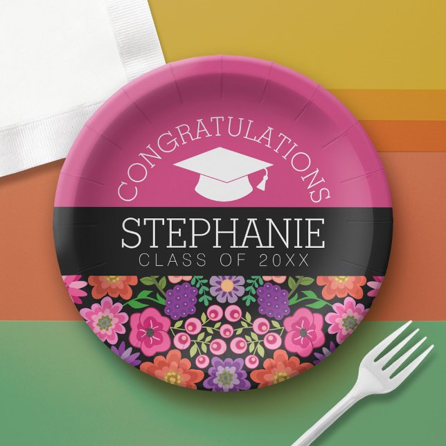 Assiettes En Carton Félicitations Diplômée Fleurs Filles Diplômée (Custom Graduation Paper Plate)