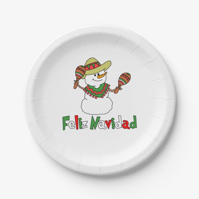 Assiettes En Carton Feliz Navidad Dessin Snowman Sombrero Maracas (Devant)