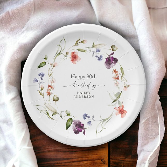 Assiettes En Carton Feminine Floral Wreath Joyeux 90e anniversaire (Available in 2 sizes; 7-inch diameter and 9-inch diameter)