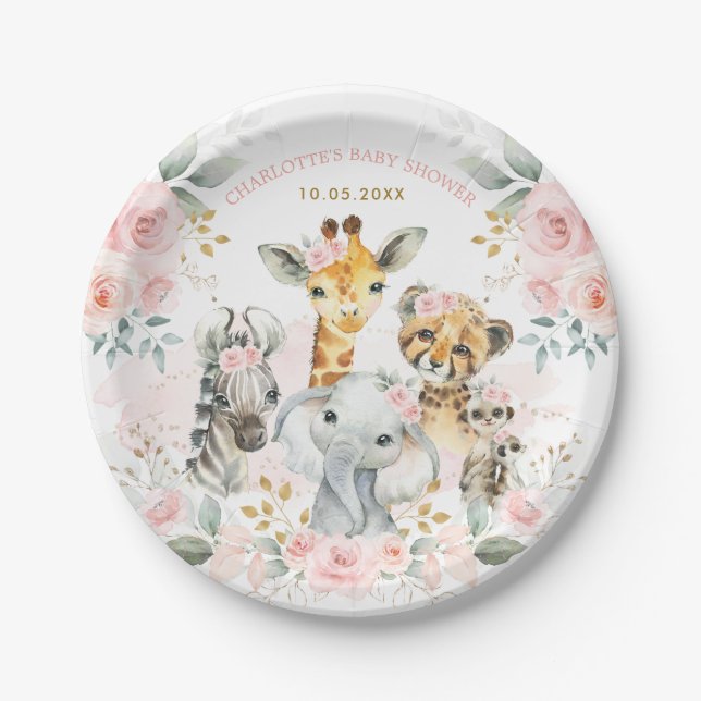 Assiettes En Carton Feminine rose Safari Jungle Animaux sauvages Baby  (Devant)