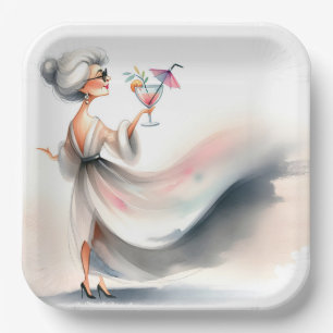 Assiettes En Carton Femme Âgée Classique Avec Boisson De Fête