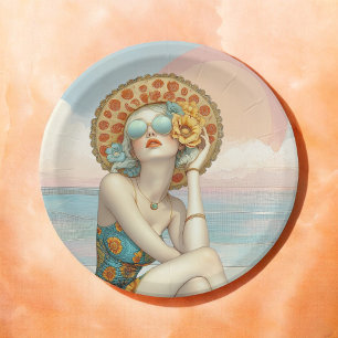Assiettes En Carton Femme Chic Rétro Plage Lunettes de Soleil