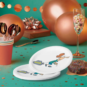 Assiettes En Carton Femme drôle transportant des bagages émotionnels