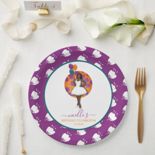 Assiettes En Carton Femme noire, Ballons et fleurs d'anniversaire, vio