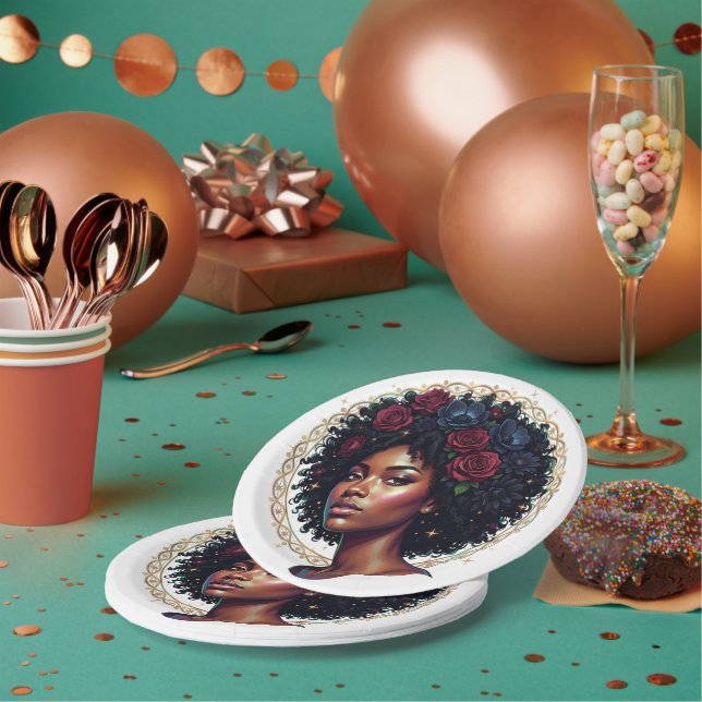 Assiettes En Carton Femme Noire Fleur Afro (Multi)