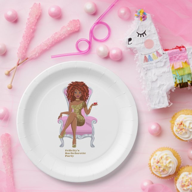 Assiettes En Carton Femme noire rose et or (Fête)
