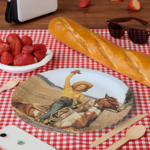 Assiettes En Carton Femme Occidentale vintage À Cheval Agitant