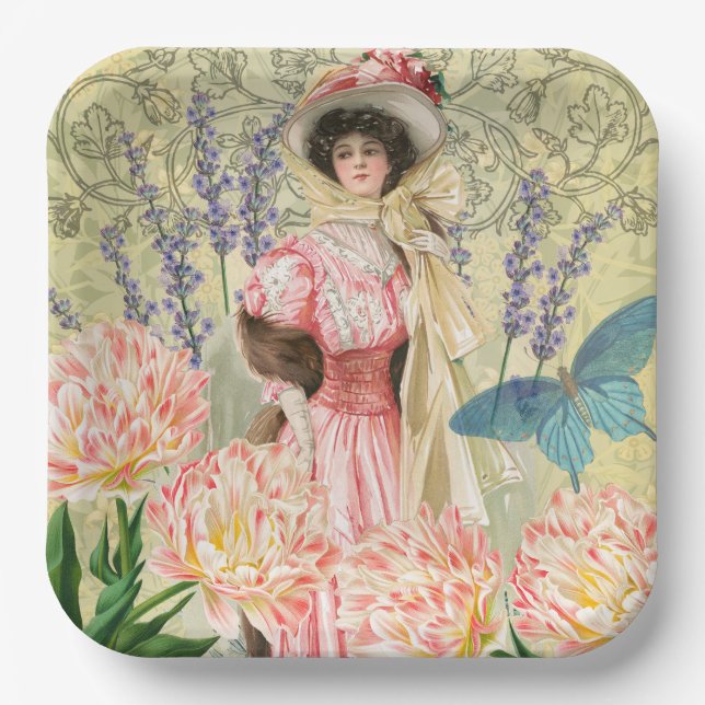 Assiettes En Carton Femme victorienne florale rose Régence (Recto)