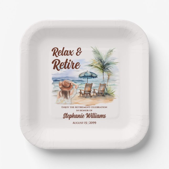 Assiettes En Carton Femmes Retraite Plage Chaire Parti à thème (Recto)