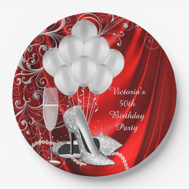 Assiettes En Carton FEMMES Rouge Silver Chaussure Anniversaire Plaques (Devant)