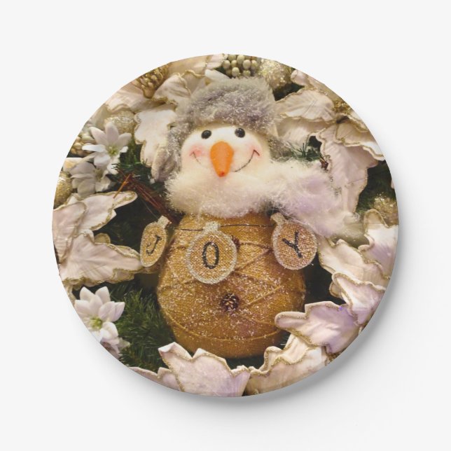 Assiettes En Carton Ferme Rustique Burlap Snowman Poinsettia vacances (Devant)