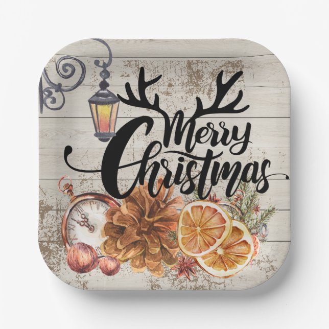 Assiettes En Carton Ferme rustique moderne Pine cônes Noël Bois (Recto)