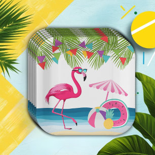 Assiettes En Carton Festif Beach Flamant rose rose Baby shower