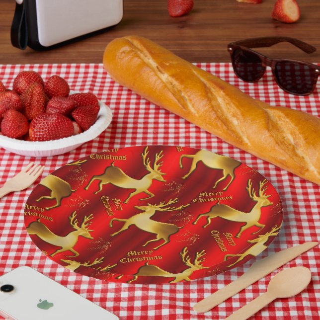 Assiettes En Carton Festif Gold et Red Reindeer Noël (Pique-nique)