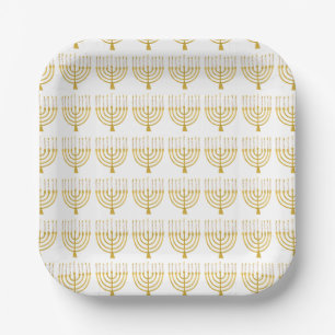 Assiettes En Carton Festif Menorah Hanoukka bougies Motif blanc