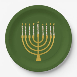 Assiettes En Carton Festif Menorah Hanoukka Céleste bougies vert