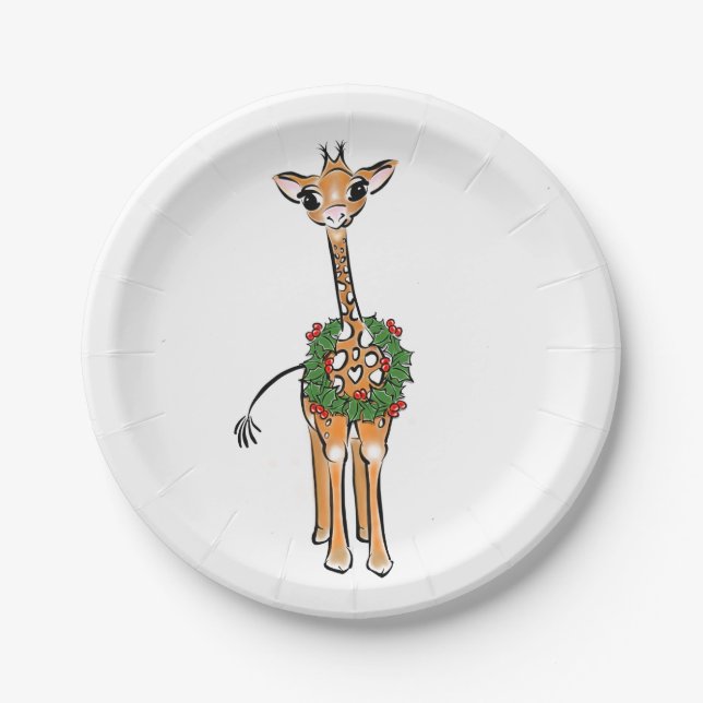 Assiettes En Carton Festif mignon Giraffe rouge vert vert couronne (Devant)