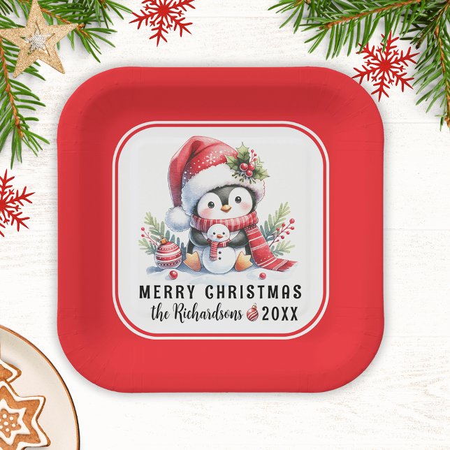 Assiettes En Carton Festif mignon pingouin rouge blanc Joyeux Noël (Créateur téléchargé)