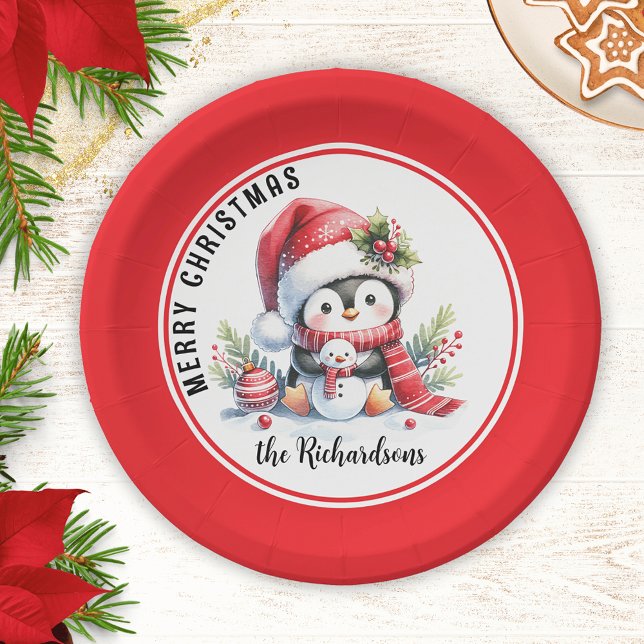 Assiettes En Carton Festif Rouge et blanc mignon pingouin Joyeux Noël (Créateur téléchargé)