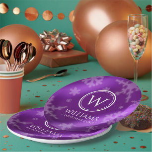 Assiettes En Carton Festif Violet Foil Snowflakes Nom du monogramme