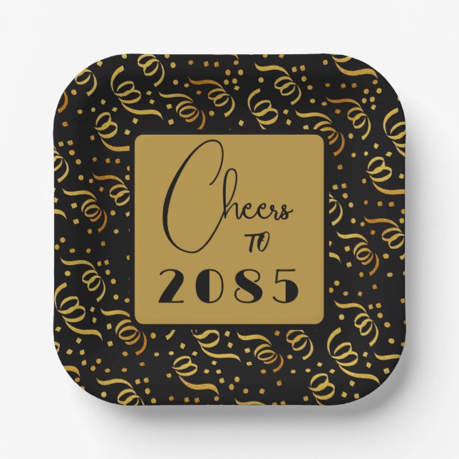 Assiettes En Carton Festivals Streamers Black n Gold New Years Party (Recto)