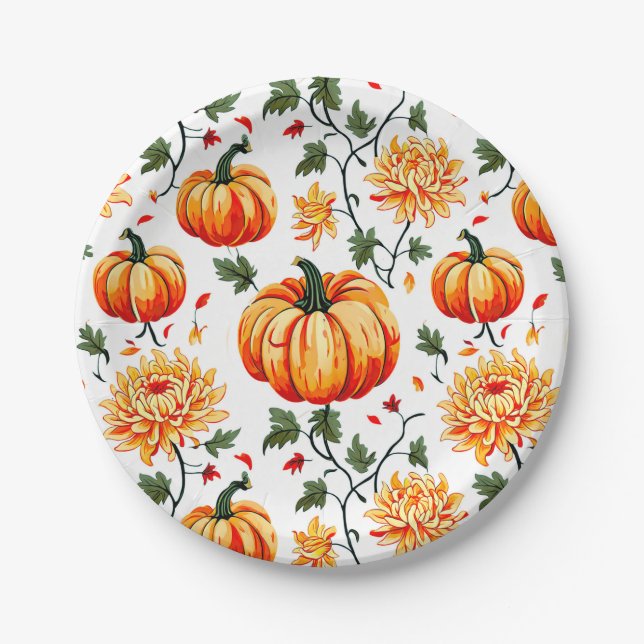 Assiettes En Carton Festive Fall Pumpkins and Chrysanthemums (Devant)