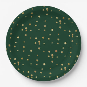 Assiettes En Carton Festive Holiday Green & Glittery Gold Stars