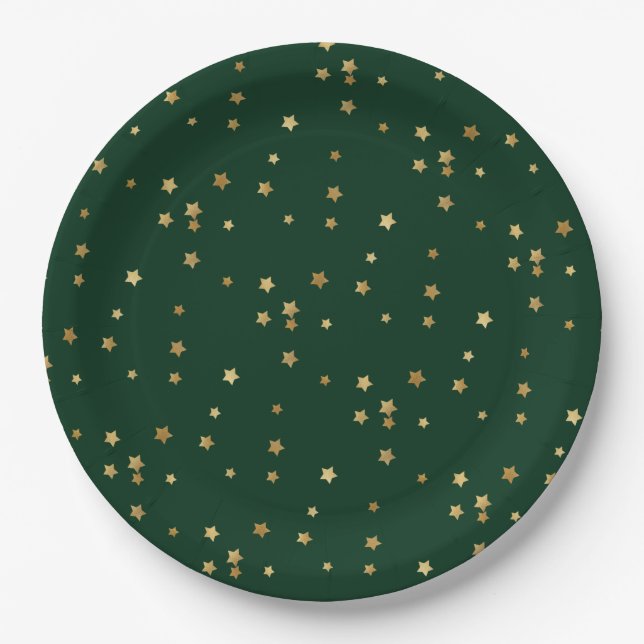 Assiettes En Carton Festive Holiday Green & Glittery Gold Stars (Devant)