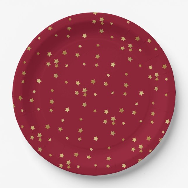 Assiettes En Carton Festive Holiday Red & Glittery Gold Stars (Devant)