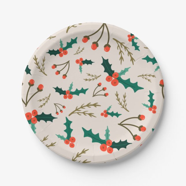 Assiettes En Carton Festive Holly et Berries (Devant)