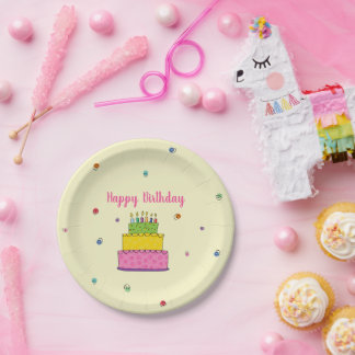 Assiettes En Carton Festive Joyeux Anniversaire avec Gâteau et Confet 