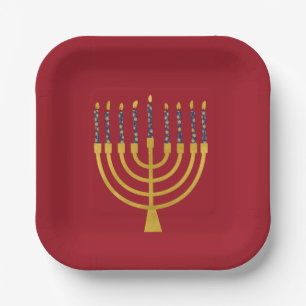 Assiettes En Carton Festive Menorah Hanoukka Bougies Bleues Élégant