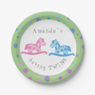 Assiettes En Carton Fête Baby shower Twins Cheval Rocking
