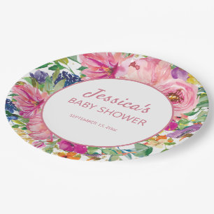 Assiettes En Carton Fête bébé fleurs rose bleu violet or blanc