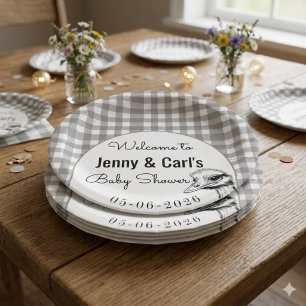 Assiettes En Carton Fête bébé Ostrich Gingham Gris