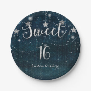 Assiettes En Carton Fête capricieuse Blue & Silver Starry Sweet 16