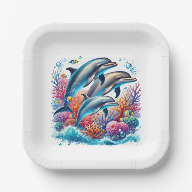Assiettes En Carton Fête d'amoureux de dauphins mignons (Recto)