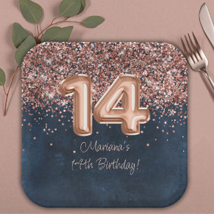 Assiettes En Carton Fête d'anniversaire 14 ans Rose Gold Bleu Nuit