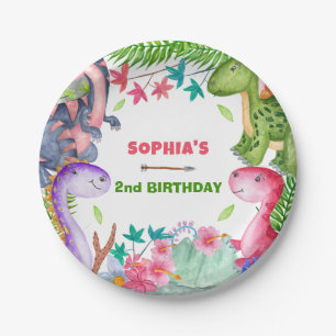 Assiettes En Carton Fête d'anniversaire 2 ans dinosaure fille mignonne