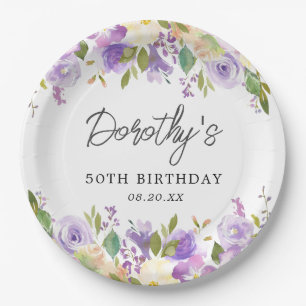Assiettes En Carton Fête d'anniversaire 50 ans Fleurs de rose violette