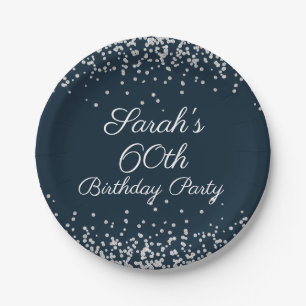 Assiettes En Carton Fête d'anniversaire 60 ans Navy Blue Silver Glitte
