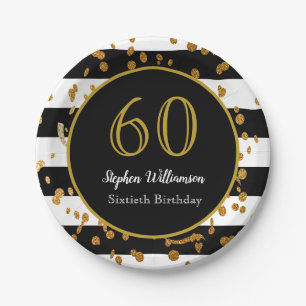 Assiettes En Carton Fête d'anniversaire 60 ans Paillettes noires blan