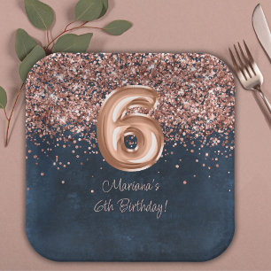 Assiettes En Carton Fête d'anniversaire 6 ans Rose Gold Bleu Nuit