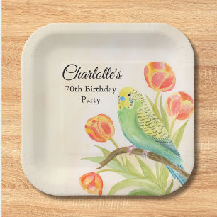 Assiettes En Carton Fête d'anniversaire 70 ans Perruche aux tulipes 