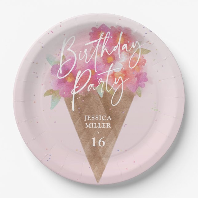 Assiettes En Carton Fête d'anniversaire à la crème glacée florale (Devant)