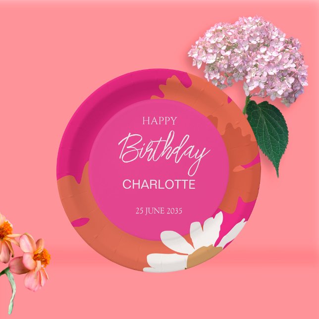 Assiettes En Carton Fête d'anniversaire à la marguerite rose et orange (Créateur téléchargé)